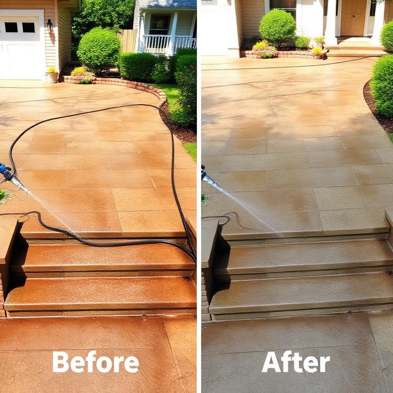 Pressure washing driveway and steps
